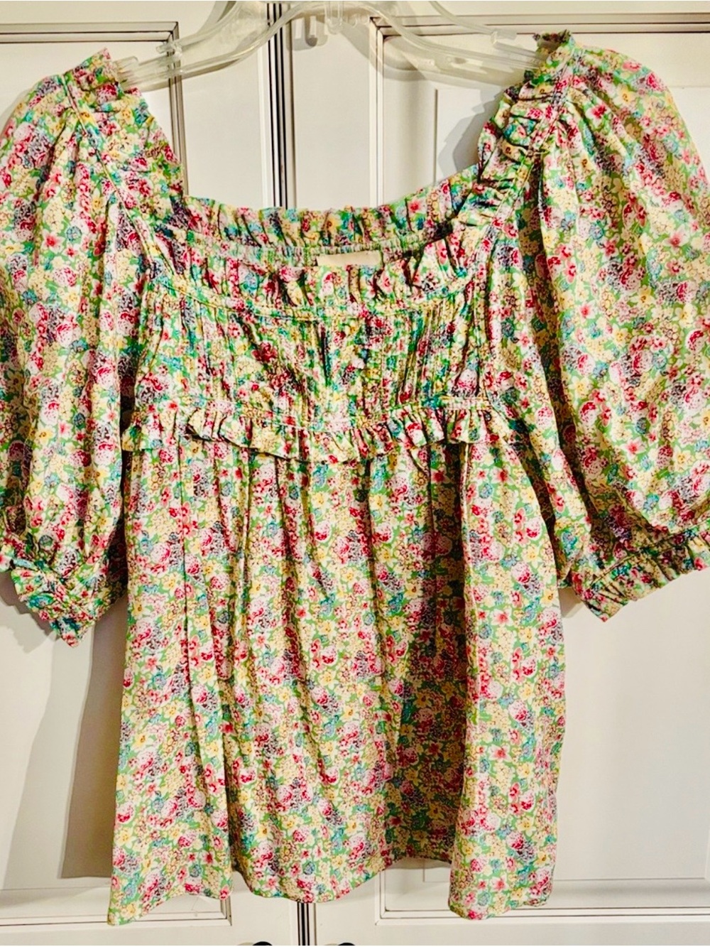 Elie Tahari Floral Puff-Sleeve Blouse in Pink, Green and Yellow